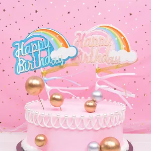 Wunderschönes Glitzer Happy Birthday Kuchendeko-Set mit Regenbogenwolke und Bändern