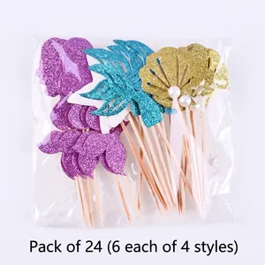 Set of 24 pieces mermaid princess glitter cake toppers featuring starfish and tails