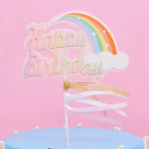 Funkelnder Regenbogen-Wolken-Kuchentopper mit Bändern für festliche Geburtstagspartys
