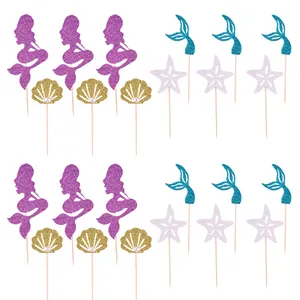 Detailed view of 24pcs glitter mermaid party cake toppers with starfish and shell shapes
