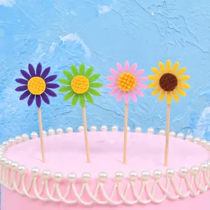 Set of 4 colorful felt sunflower cake toppers for birthday party dessert decor