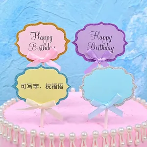 DIY Paper Cake Topper With Glitter Border Silk Bow Writable Birthday Cake Decoration For Party Dessert Happy Birthday Plugin
