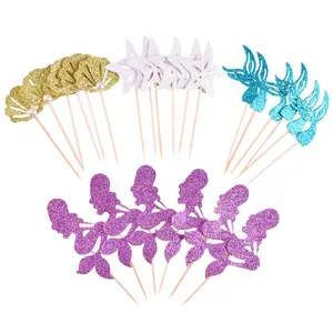 Set of 24 glitter mermaid cake toppers featuring shells starfish and mermaid silhouettes