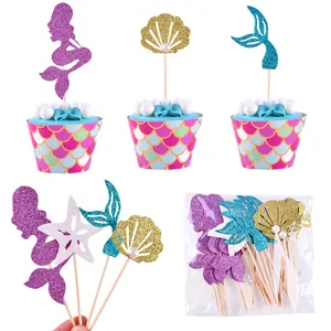 Mermaid Theme Cake Topper Set Glitter Paper Starfish Shell Fish Tail Cupcake Picks Birthday Party Dessert Table Decoration