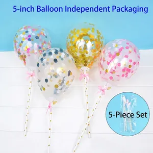 5 Inch Transparent Glitter Cake Balloons Decoration Set With Bow And Star Printed Rod For Birthday Party Cake Topper