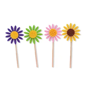 Colorful sunflower cake toppers made of felt and wood for birthday party decorations
