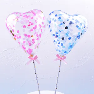 Heart-shaped clear confetti balloons cake toppers for birthday party and festive decorations