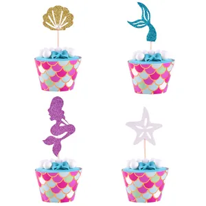 24Pcs mermaid theme party cake toppers and wrappers with glitter starfish and tail designs