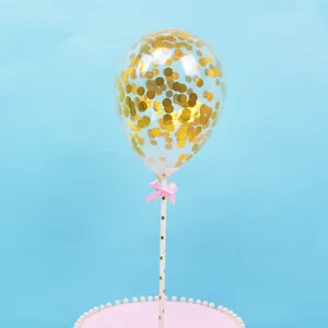5-inch transparent confetti balloon cake topper with gold sequins and pink bow decoration