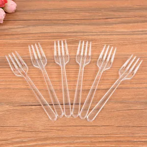 Set of 6 disposable transparent plastic four-pronged forks for dessert fruits