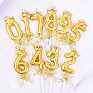 Gold Number Birthday Candle With Crown Bowknot Creative Cake Topper Candle For Kids Party Cake Decoration Supplies