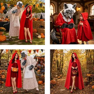 Detailed collage of Little Red Riding Hood and Big Bad Wolf costumes in a Halloween setting.