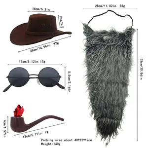 Detailed size guide for retro cowboy costume set with hat, beard, and accessories