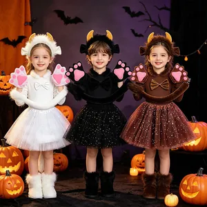 Detailed view of three girls wearing white, black, and brown Halloween animal cosplay costumes.