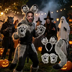 Vista dettagliata del set di orecchie, zampe e coda di lupo per cosplay di Halloween.