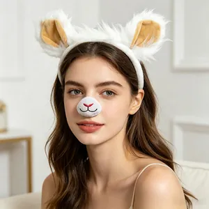 Macro view of a cute white plush sheep ear headband and matching nose on a model