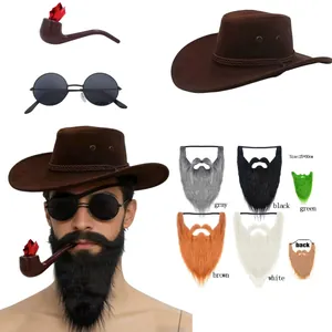 Detail showing vintage cowboy hat and various colored fake beards for costume parties