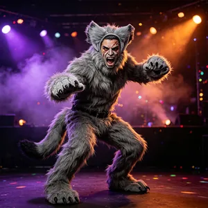 Dettaglio del costume da lupo mannaro grigio con pelliccia realistica per cosplay.