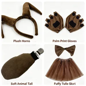 Close-up of brown animal costume set: plush horns, gloves, tail, and tulle skirt for Halloween.