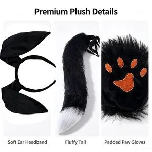 Close-up of premium plush fox ears headband, fluffy tail, and padded paw gloves