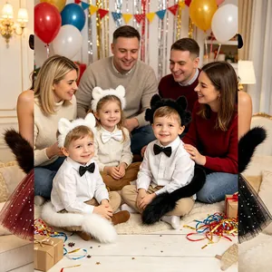 Furry cat ear headbands and tails set for Halloween cosplay worn by a happy family