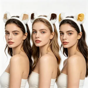Professional shot of three models wearing cute plush sheep ear headbands in various colors