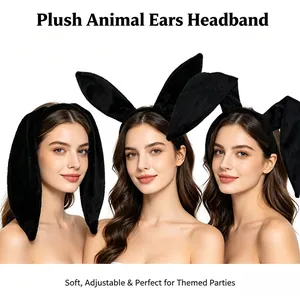 Three models showcasing adjustable black plush bunny ear headbands for parties