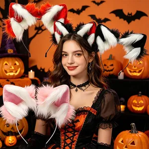 Close-up of realistic plush animal ear headbands in black, red, and pink for Halloween