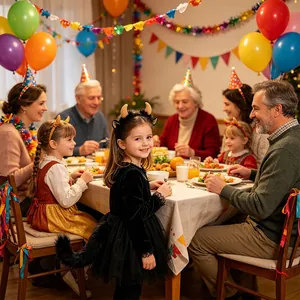Detail view of a child wearing a black bull horn headband at a festive family dinner