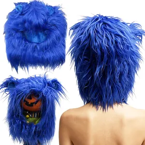 Detail view of high-quality blue shaggy faux fur monster headgear for Halloween cosplay.