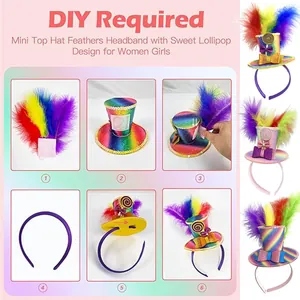 Step-by-step DIY tutorial for colorful rainbow mini top hat headband with feathers