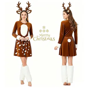 Festive women's Christmas reindeer costume set with antlers headband and fur leg warmers.