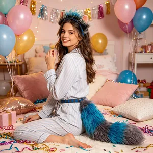 Large plush blue and grey faux fur animal tail and ears set shown in a cozy bedroom setting