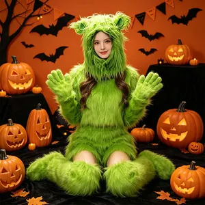 Green fuzzy monster costume detail for Halloween cosplay featuring plush hood and ears.