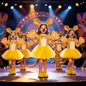 Bambini in costumi da canguro giallo con cerchietti e guanti su un palco teatrale