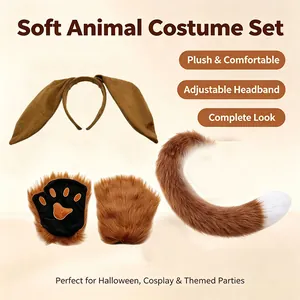Complete plush animal costume set featuring adjustable headband, tail and paw gloves