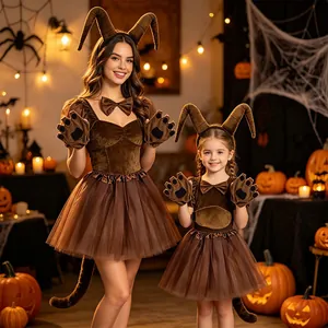 Detailed view of brown bull horn headband and matching costume for Halloween