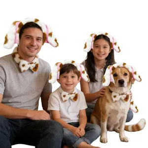Dalmatian dog ears headband and bow tie set worn by a family and their pet dog.