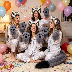 Group of girls wearing plush wolf ears, tail, and paw gloves set at a party.