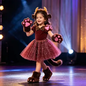 Detailed view of kids cow animal costume with velvet tutu dress and plush accessories