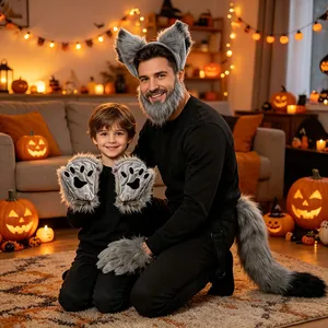 Set di costumi da lupo grigio con orecchie coda e zampe per feste di cosplay di Halloween.