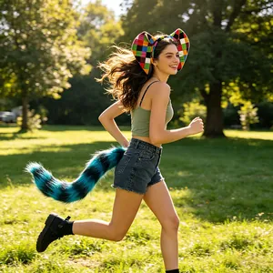 Close-up of vibrant blue and black striped plush animal tail worn by running model.