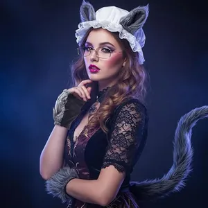 Detail view of wolf grandmother cosplay set featuring furry ears, tail and glasses