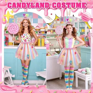 Visual comparison of two colorful Candyland costumes with rainbow tutu dresses and accessories