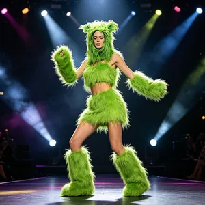 Full detail of a vibrant green furry monster costume set for Halloween cosplay events