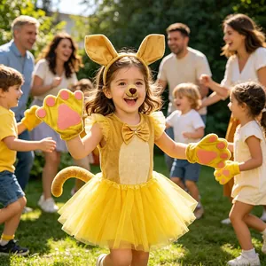 Un bambino che indossa un costume da canguro con cerchietto e guanti in un parco