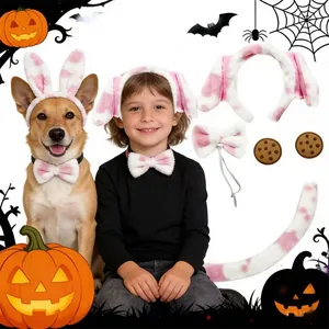 Pink spotted Dalmatian ear headband and bowtie set for kids and pets costume parties