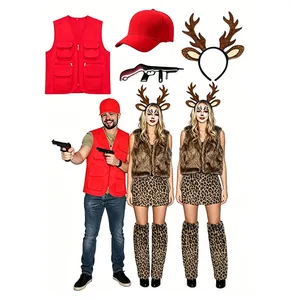 Deer hunter costume set including red vest, antler headband, and props for Halloween parties.