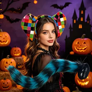 Beautiful model wearing plush animal ears and blue striped tail in Halloween scene