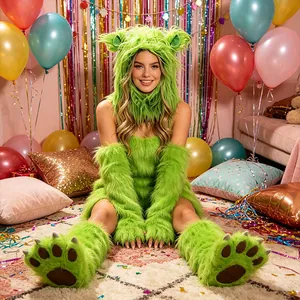 Detailed view of bright green furry monster costume with paw boots for Halloween cosplay
